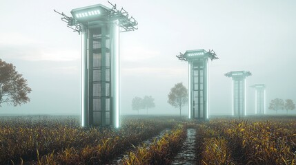 Futuristic Towers in a Misty Field