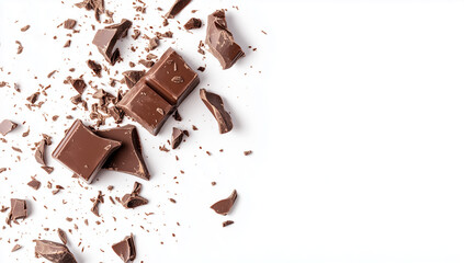A pile of dark chocolate bars with some pieces broken, isolated on a white background.
