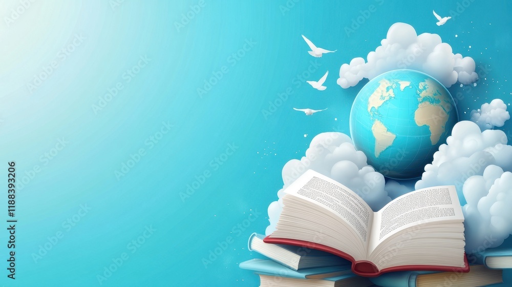 Poster open book with earth globe in clouds: a journey of knowledge and global exploration