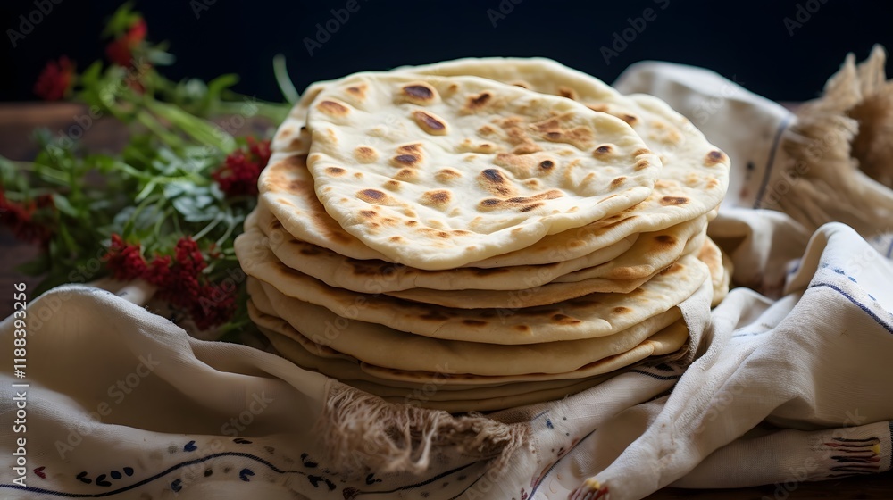 Aufkleber a stack of fluffy freshly baked whole wheat flatbreads arranged on a soft linen cloth creating a who