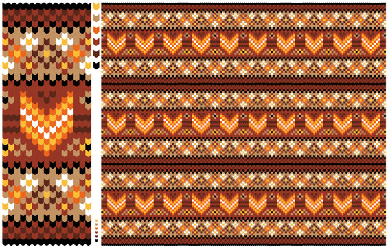 シームレスパターンテクスチャーと装飾図案デザイン「幾何学模様フェアアイル柄」暖色カラー（Seamless pattern texture and decorative design "Geometric Fair Isle Pattern" Warm colors.）