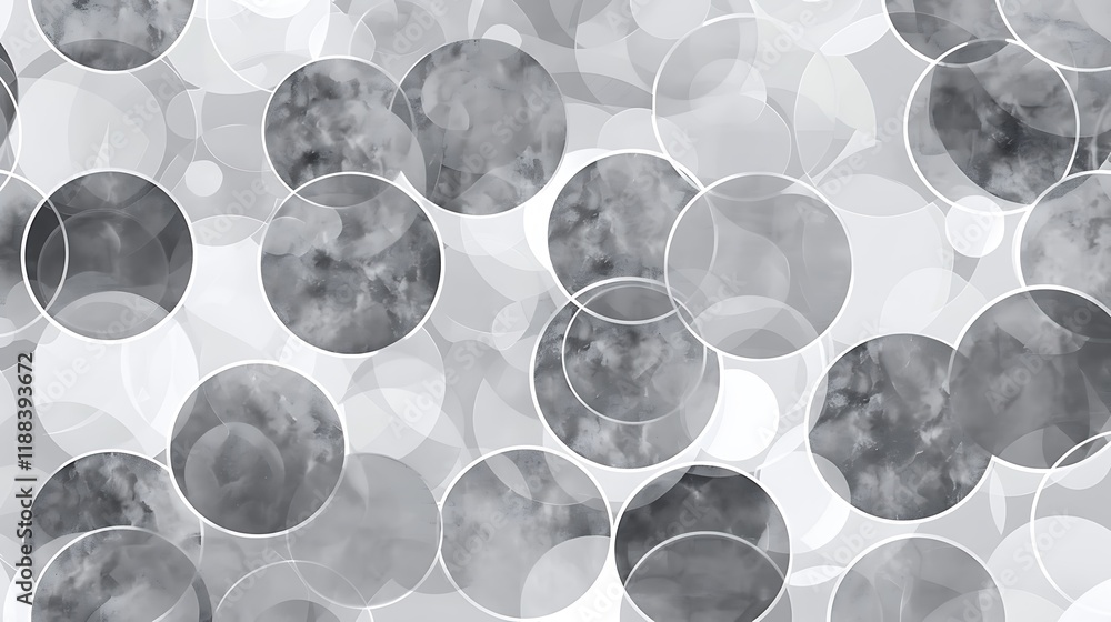 Poster a minimalistic background with a grid of interconnected circles in varying sizes and shades of grey,