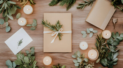 beautiful flat lay of wedding program with greenery, candles, and elegant wrapping. Perfect for wedding planning and inspiration