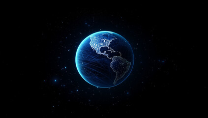 Abstract blue planet Earth with glowing dots, global network and connectivity concept, data transfer or information exchange on the internet in a futuristic technology background.