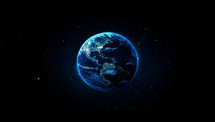 Obraz premium Abstract blue planet Earth with glowing dots, global network and connectivity concept, data transfer or information exchange on the internet in a futuristic technology background.