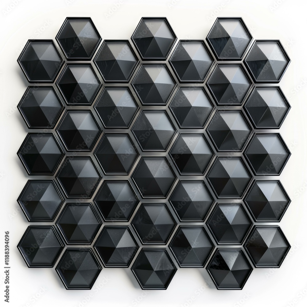 Poster three dimensional rendering of a black hexagonal tile pattern forming an abstract background