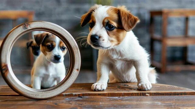 a small dog looks in the mirror. selective focus