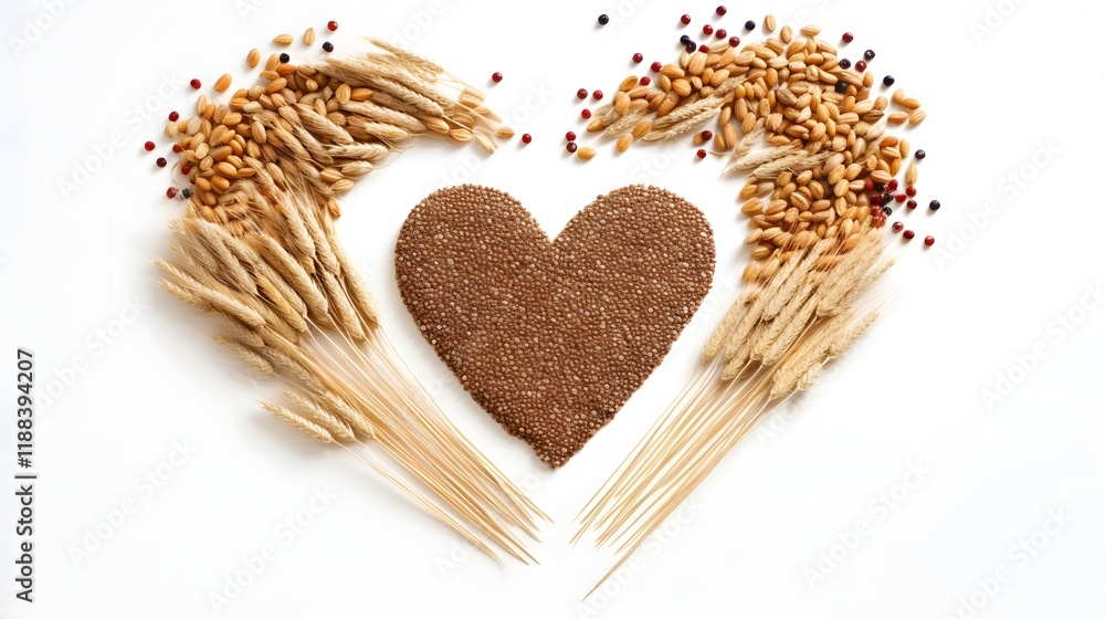 Fototapete minimalist and abstract composition of grains in the shape of a heart on a clean white table surface