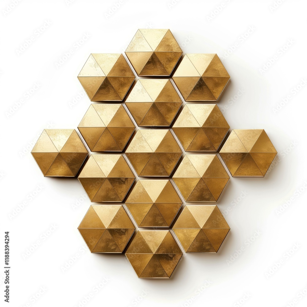 Poster abstract three dimensional rendering of golden hexagons creating a honeycomb structure on a white ba