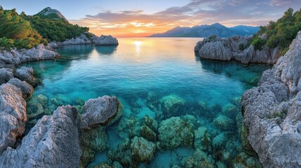 Fototapeta premium Rocky cove sunrise, tranquil turquoise Mediterranean sea, scenic coastline.