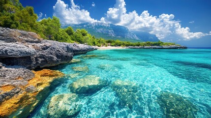 Fototapeta premium Rocky Croatian beach, turquoise water, distant mountains, sunny sky.