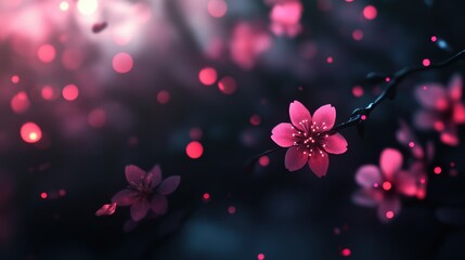 Ethereal Spring Cherry Blossoms Illuminated with Pink Bokeh Lights on Dark Background for Text Overlay
