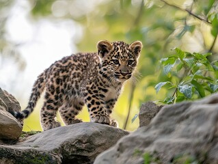 Obraz premium Amur Leopard Cub on Rocks, Forest Background, Wildlife Conservation.