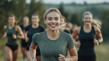 Group of joyful women run outdoors. Fit women enjoying healthy lifestyle. Natural setting. Active fun. Progress, motivation. Teamwork, support. Outdoor sport. Women athletes. Strong female spirit.