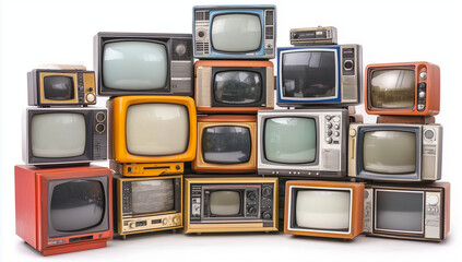 Pile of old retro TVs isolated on a white background, vintage television sets, stack of TVs, isolated televisions.