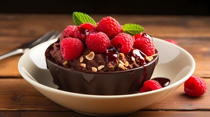 Artisanal dark chocolate dessert with fresh raspberries almonds and natural ingredients for a healthy flavorful treat  Closeup of the gourmet confection on a textured background