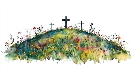 Peaceful hillside with wildflowers and crosses in watercolor art. Easter, Pascha, Paskha, Ostern, Pascua, Paques - Orthodox and Catholic Holiday celebration