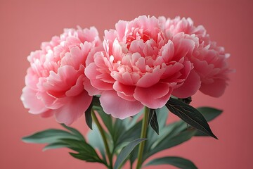 Elegant Pink Peonies in Full Bloom on a Soft Coral Background for Floral Design