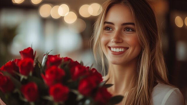 Happy woman receiving a bouquet of red roses.