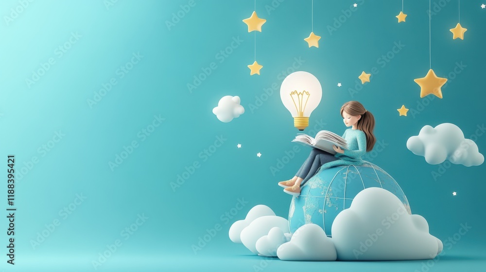 Poster girl reading a book on a globe surrounded by clouds and stars: a 3d render of knowledge and imaginat