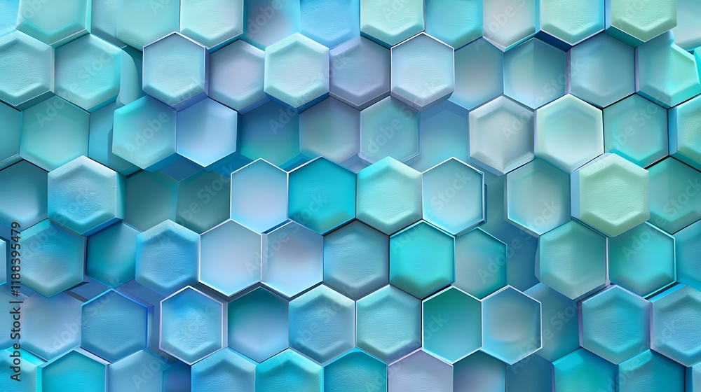 Poster a background featuring interlocking hexagons in varying shades of blue and green, creating a mesmeri