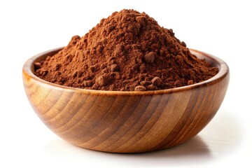 Organic cacao powder mounds in a wooden bowl; a dark chocolate ingredient, beautifully photographed against a stark white background.