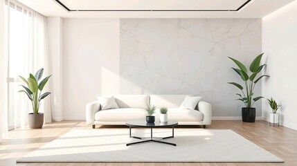 A sleek and modern interior design of a minimalist living room, featuring a neutral color palette of white, gray, and beige with black accents.