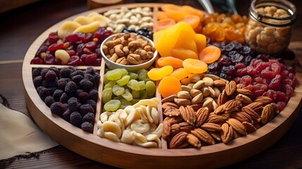 Vibrant mix of various dried fruits and nuts arranged in a rustic wooden serving tray perfect for a healthy and delicious snacking experience