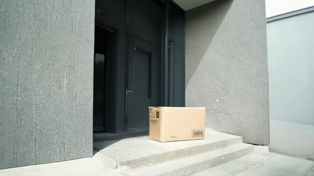 A neatly placed cardboard package on the doorstep of a modern entryway with a minimalist concrete facade, symbolizing delivery, e-commerce, and anticipation, evoking themes of convenience and online s