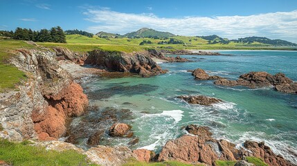 Fototapeta premium Rocky coastline, waves crashing, green hills, sunny sky. Coastal landscape view.