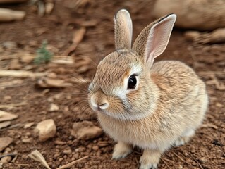 Fototapeta premium Young rabbit outdoors, curious gaze, brown soil background, nature wildlife.