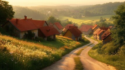 Rural village road at sunrise, misty valley.