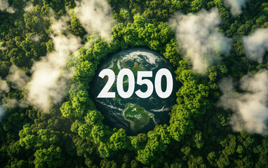 A top-down view of the Earth with "2050" written in white numbers, surrounded by lush greenery and misty clouds. The number is large and prominent against the natural background,