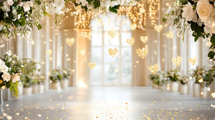 romantic scene featuring glowing heart confetti and floral decorations, perfect for celebrations