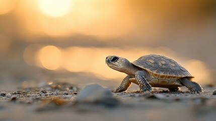Obraz premium Baby turtle sunset beach walk, nature background, wildlife photography for websites.