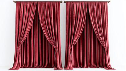 Two red velvet curtains on a white background, one curtain is hanging down and the other is slightly open. The left side of each curtain has an opening for text or a logo.