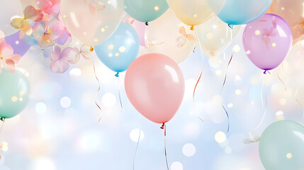 Colorful balloons float against soft background, creating festive atmosphere. Perfect for celebrations and joyful moments