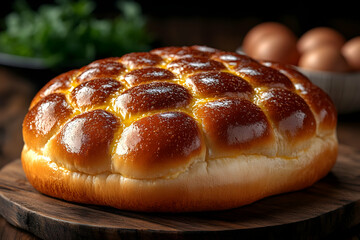 Golden Round Bread with Egg Wash Glaze, Rustic Wooden Board