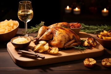 Rosemary roasted chicken with roasted potatoes, mashed potatoes, and condiments, served on a wooden board with a glass of white wine, perfect for christmas dinner