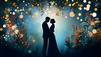 romantic silhouette of couple dancing amidst vibrant flowers and glowing lights, creating magical atmosphere
