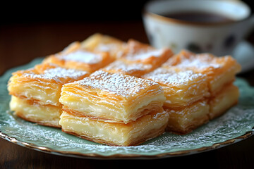 Golden Puff Pastry Squares with Creamy Custard Filling, Sprinkled with Powdered Sugar on a Plate