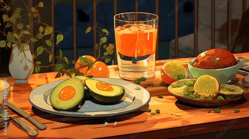 Aufkleber a visually appealing breakfast table showcasing a delightful spread of avocado toast boiled eggs and