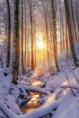 Naklejka premium Winter forest sunrise with stream and snow-covered trees