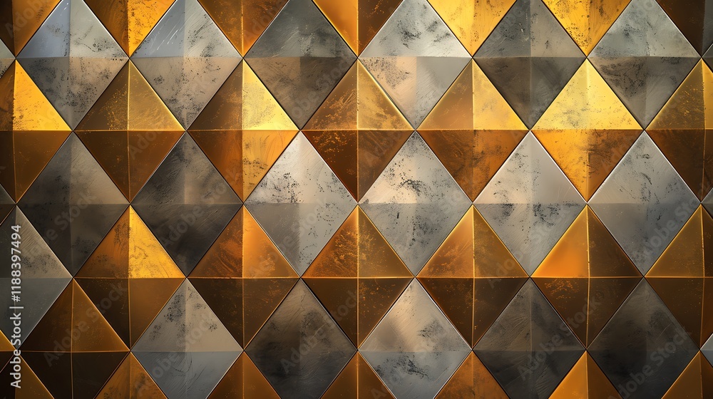Poster a sophisticated geometric design with a repeating pattern of diamonds and triangles in shades of gol