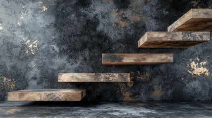 Rustic wooden shelves against a dark textured wall.
