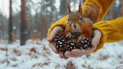Fototapeta premium A person in a yellow sweater holds a squirrel and pine cones in a snowy forest.