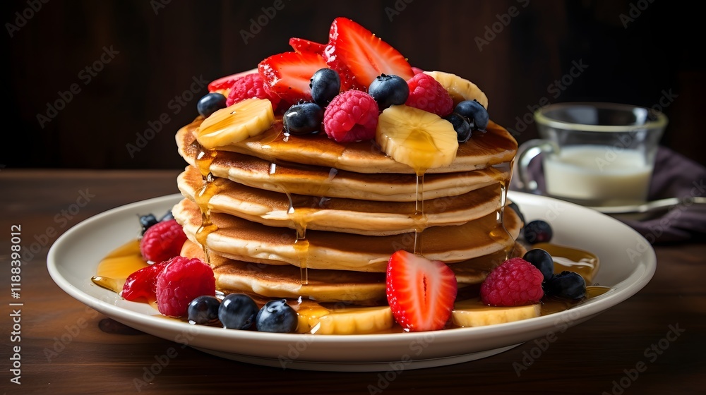 Poster delightful stack of fluffy whole wheat pancakes topped with an array of vibrant fresh fruits and a d