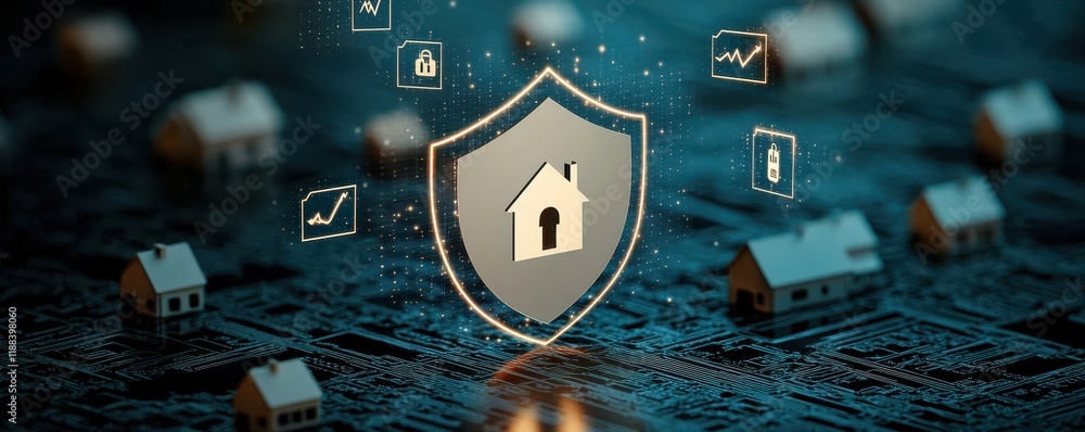 Poster a digital shield symbolizes home security, surrounded by floating icons representing data, analytics