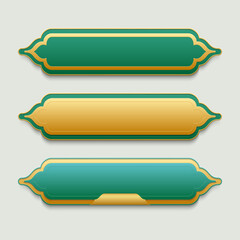 Gold and green horizontal islamic banner design; header set for web elements, ramadan banner vector illustration