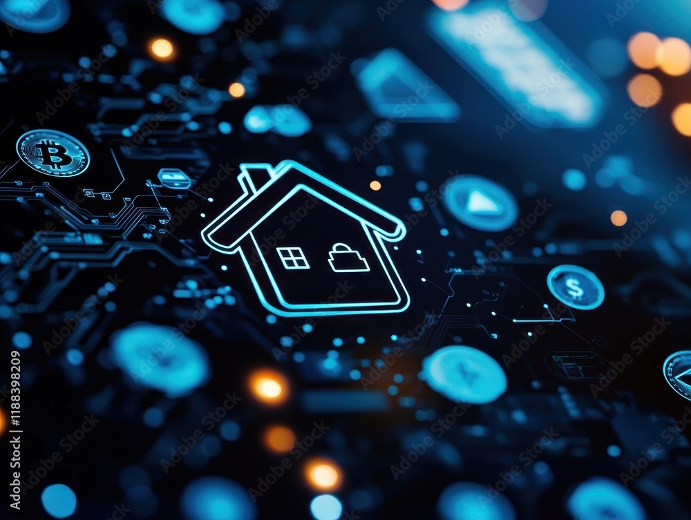 Aufkleber a digital home icon surrounded by circuit patterns and cryptocurrency symbols, representing smart ho